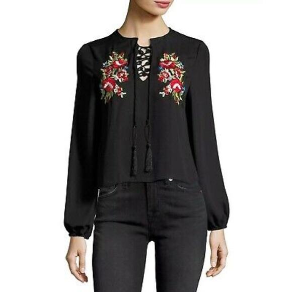 Haute Rouge NWT Black Chiffon Blouse Embroidered Red Roses Long Sleeves - Picture 1 of 6